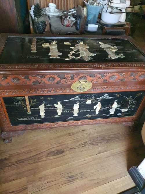 Vintage Chinese or carved and relief decor mother of pearl and hand painted large camphor kist