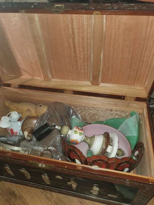Vintage Chinese or carved and relief decor mother of pearl and hand painted large camphor kist