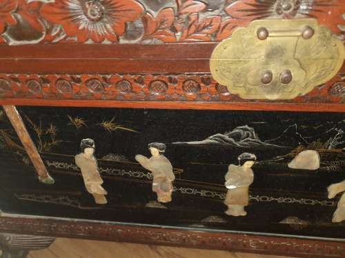 Vintage Chinese or carved and relief decor mother of pearl and hand painted large camphor kist