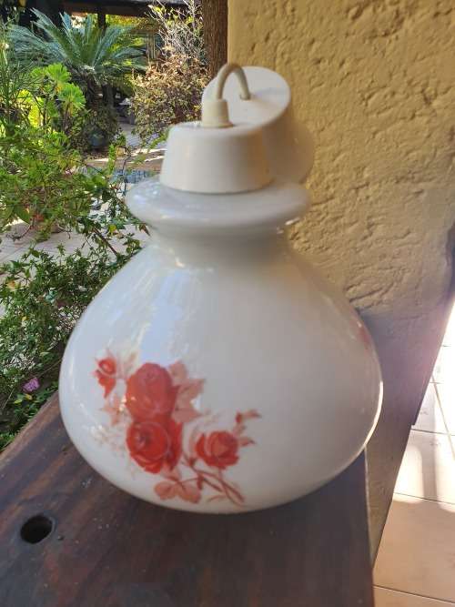 Vintage white glass pendant light with hand painted rose flower decor