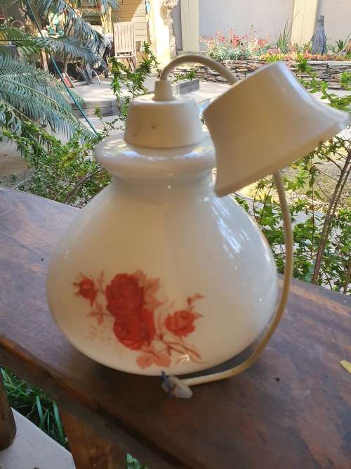 Vintage white glass pendant light with hand painted rose flower decor
