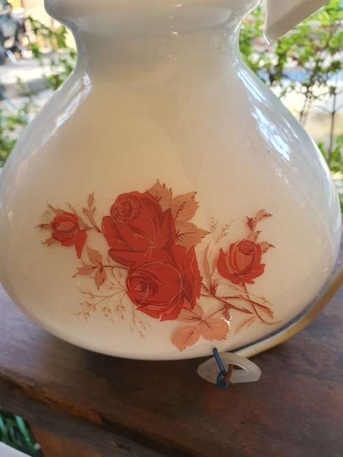 Vintage white glass pendant light with hand painted rose flower decor