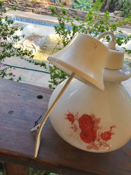 Vintage white glass pendant light with hand painted rose flower decor