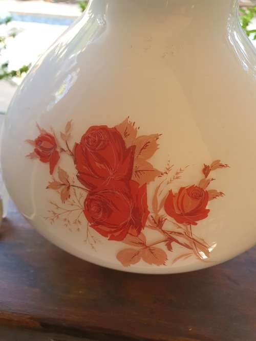 Vintage white glass pendant light with hand painted rose flower decor