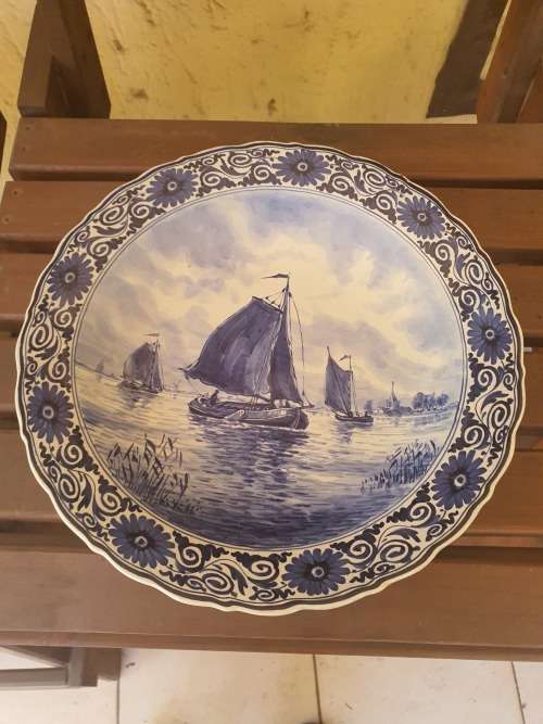 Beautiful Delft Holland blue and white hand painted bowl like display piece with boats, floral etc
