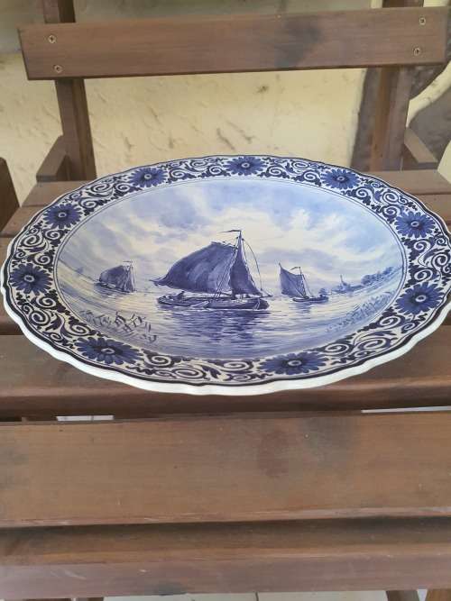 Beautiful Delft Holland blue and white hand painted bowl like display piece with boats, floral etc