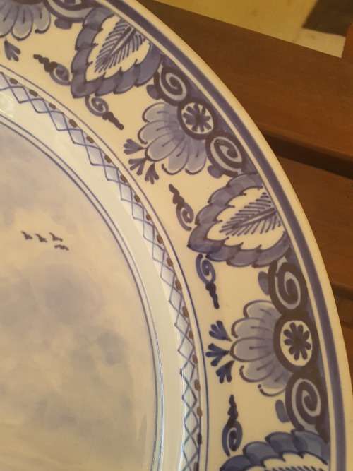 Beautiful blue and white Delft Holland charger like display piece with windmills, water etc 35.2cm
