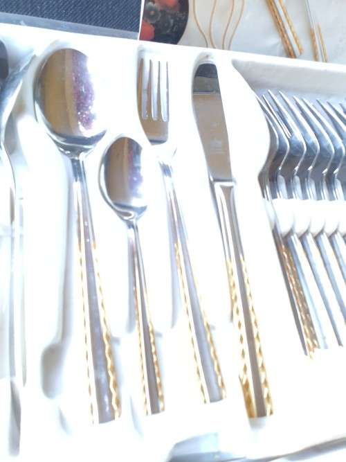 for crysiapharoah  Vintage sBs Bestecke Solingnen 24k trim gold plated boxed cutlery set 69 pieces