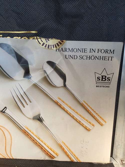 for crysiapharoah  Vintage sBs Bestecke Solingnen 24k trim gold plated boxed cutlery set 69 pieces