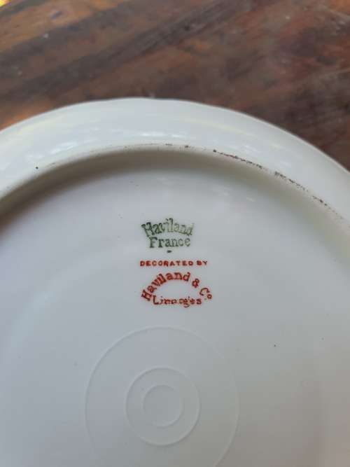 Vintage or antique Haviland Limoge France saucer, white scalloped with gilt pattern on border