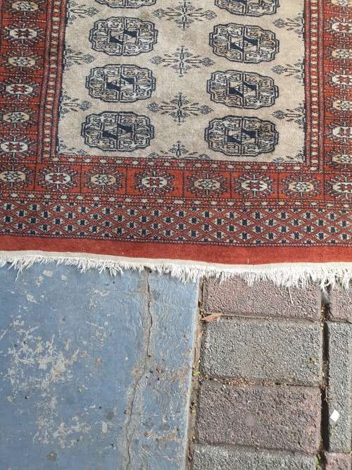 Finely hand knotted Oriental (like Persian) Mori Bokhara Karachi rug geometric design