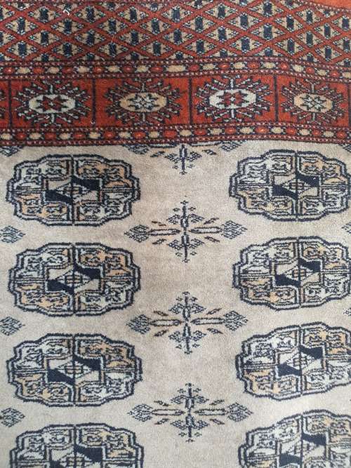 Finely hand knotted Oriental (like Persian) Mori Bokhara Karachi rug geometric design