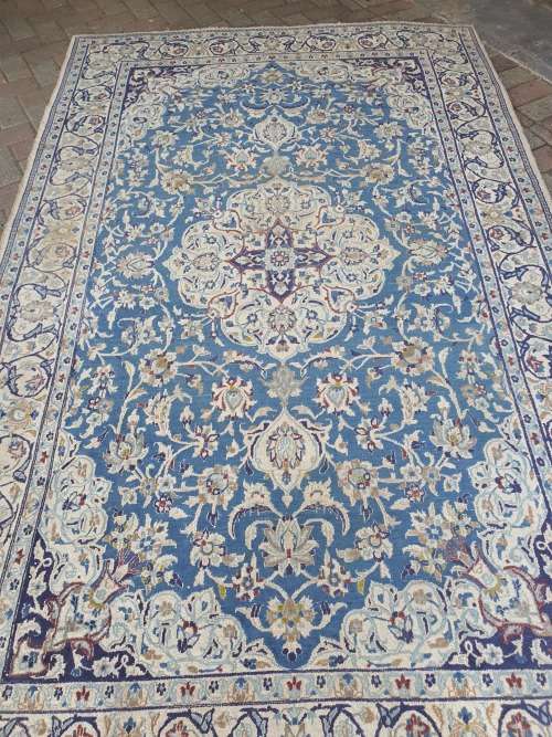 Nicely sized Persian Nain?, finely hand knotted  vintage cream, blue carpet rug,  charming even wear