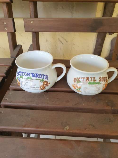 Vintage 1980`s Soup bowls / large mugs with Scotch broth & Oxtail Soup recipes