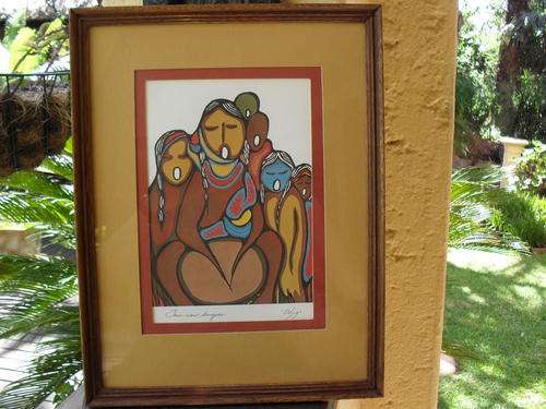COLLECTABLE FRAMED PRINT BY CANADIAN ARTIST DAPHNE ODJIG "POW WOW SINGERS"