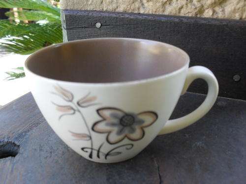 POOLE POTTERY CUP ONLY. ACTUALLY LOVELY PITY NO SAUCER! BROWNS & GREY BLUE FLORAL