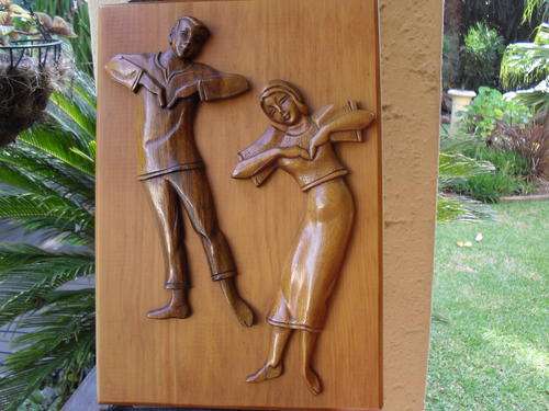 DIFFICULT TO EXPLAIN FULLY, WOULD SAY VINTAGE? WOOD CARVED/CUT WALL HANGING OF A MAN & WOMAN DANCING