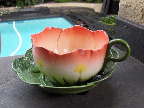 HANDMADE & ORIGINAL MUSTARDSEED & MOONSHINE BEAUTIFUL FLOWER/LEAF LARGE TEA CUP & SAUCER PINK/ORANGE