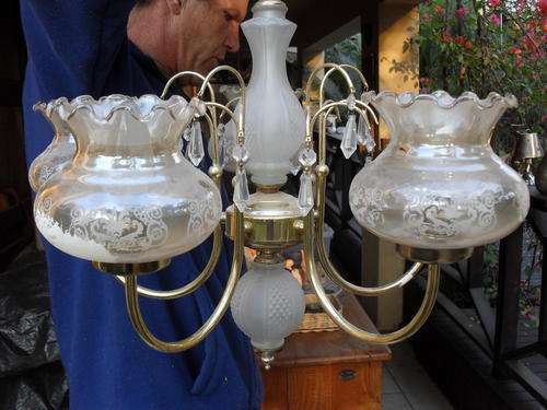 CHANDELIER LIGHT FITTING WITH 5 GLASS SHADES & GLASS CRYSTAL DROPS & OTHER DETAIL. PLEASE LOOK