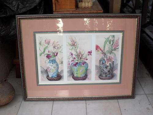 REDUCED BEAUTIFUL  EXTREMELY LARGE FRAMED PRINT OF COLOURFUL VASES AND FLOWERS. MUST VIEW