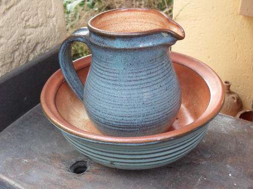 RATHER GORGEOUS LIEBERMANN POTTERY BOWL AND JUG, STUNNING BLUES AND TAN/BROWN WOW!!!!