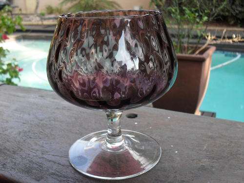 VERY STRIKING SHAPED PURPLE & CLEAR GOBLET TYPE OF GLASS VASE. LOVELY PIECE