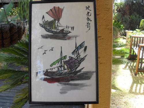 ORIGINAL, SIGNED & FRAMED PAINTING ON SILK LOOK MATERIAL OF 2 CHINESE JUNKS (BOAT)