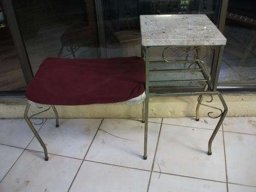 CUTE FRENCH STYLE TELEPHONE TABLE WITH MARBLE & METAL & CUSHIONED SEAT. NOT SEEN BEFORE!