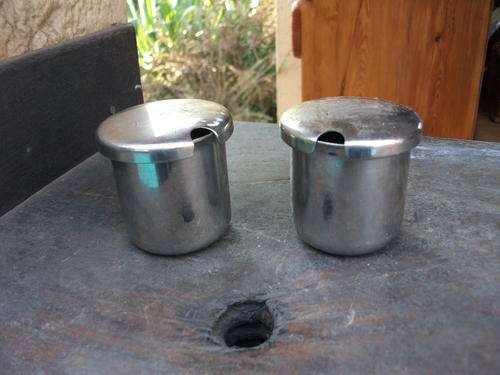 ALOE STAINLESS STEEL MUSTARD POTS  (TWO) WITH LIDS