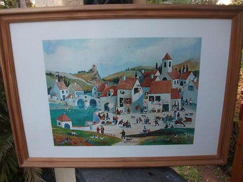 FRAMED PRINT OF A VILLAGE SCENE BY J RODIN. LOTS OF ACTIVITY!