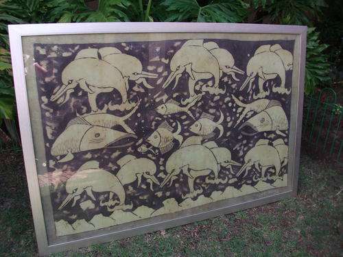 FRAMED & HUGE BATIK OF DOLPHINS & OTHER MARINE LIFE BY LOZISSY