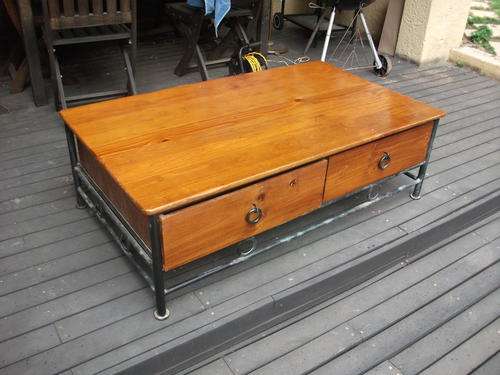LOVELY LARGE COFFEE TABLE METAL & WOOD WITH TWO DRAWERS