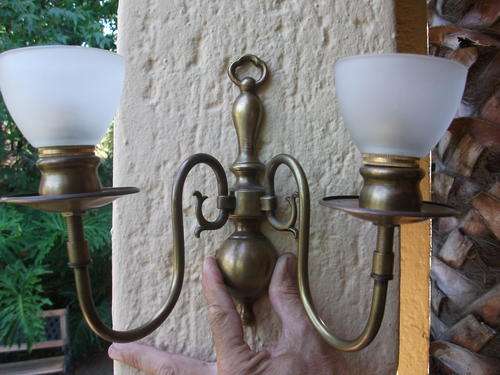 OLD LOOK BRASS,  WALL LIGHT WITH TWO  GLASS SHADES. NICE PIECE