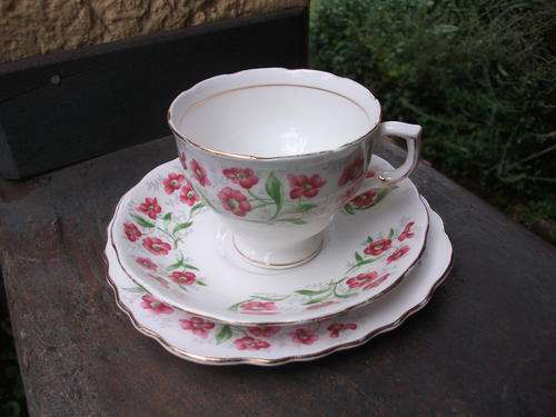 PRETTY AS A PICTURE COLCLOUGH TRIO WHITE WITH BEAUTIFUL RED/PINK SMALL FLOWERS AND GREEN LEAVES. WOW