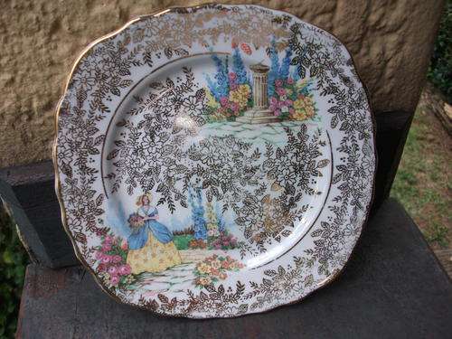 COLCLOUGH SIDE/CAKE PLATE B4  FAIR MAIDEN IN A GARDEN OF DELIGHT , GILT LEAVES & FLOWERS