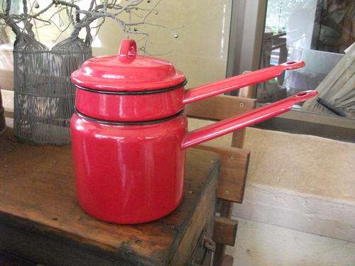 VINTAGE??? ENAMELWARE RED WITH BLACK TRIM DOUBLE BOILER MADE IN POLAND