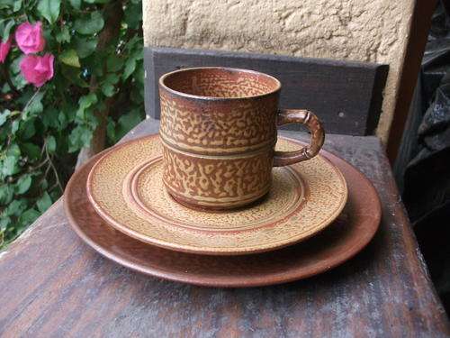 PALCON POTTERY VERY TEXTURED LOOK, STONEWARE POTTERY TEA/COFFEE TRIO