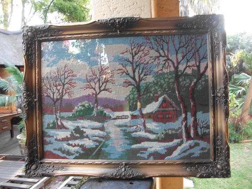LARGE FRAMED SNOW, CABIN TREES SCENE TAPESTRY. FRAME IS AWESOME!!!!