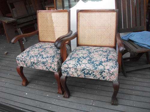 PAIR OF LOVELY (MATCHING) MAHOGANY UPHOLSTERED & RATTAN ARM CHAIRS. OLDIES & GOODIES