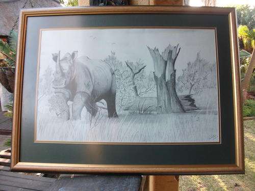 LARGE FRAMED DESMOND SWART '94 PRINT OF RHINO IN THE BUSH