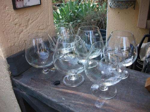 A SET OF 6 WHEAT  CUT?? CRYSTAL BRANDY BALLOON GLASSES