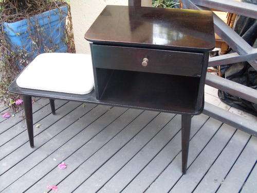 BACK TO THE FUTURE....RETRO DARK STAINED MAHOGANY TELEPHONE TABLE WITH WHITE VINYL SEAT. SO TYPICAL