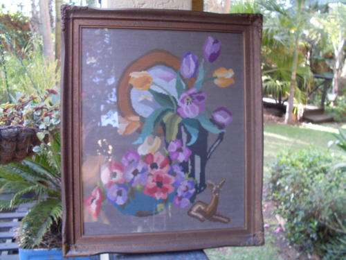 BEAUTIFULLY FRAMED LARGE VINTAGE TAPESTRY OF A JUG AND BOWL WITH FLOWERS AND A BAMBI