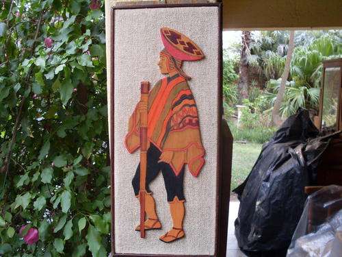 VINTAGE RETRO??? FRAMED WALL HANGING PERUVIAN??? WOOD MAN ON SACKING BACKING