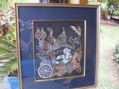 FRAMED INDIAN STYLE HORSE, CHARIOT AND WARRIOR TYPE OF CLOTH ARTWORK. BEAUTIFUL