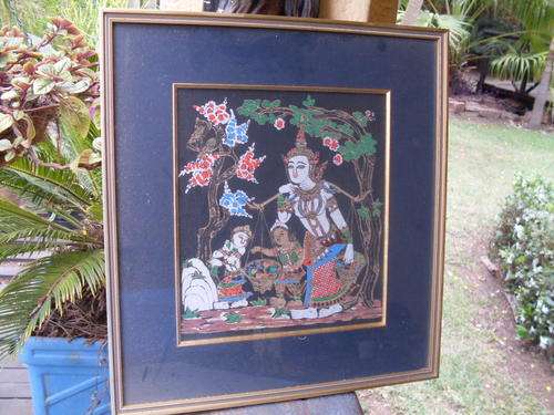 BEAUTIFULLY  FRAMED CLOTH ART WORK OF INDIAN GODESS??   TREE OF LIFE WORTHWHILE PIECE