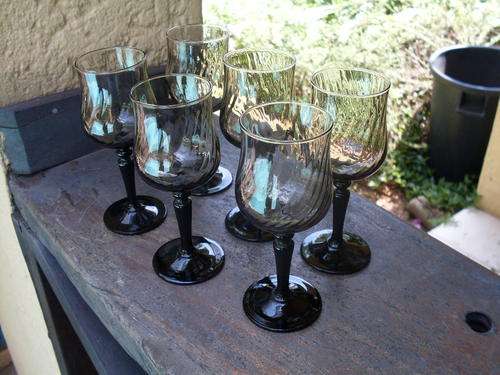 GORGEOUS SET OF 6 FRENCH SHERRY/PORT GLASSES IN SMOKEY GREY WITH BLACK BASES. NICE!!!