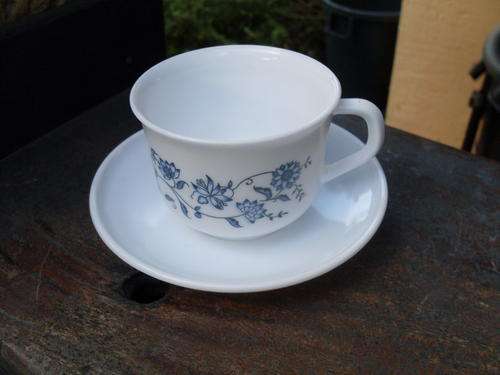 VINTAGE??? WHITE GLASS WITH BLUE FLOWERS ARCOPAL FRANCE TEA CUP & SAUCER. VERY USEFUL