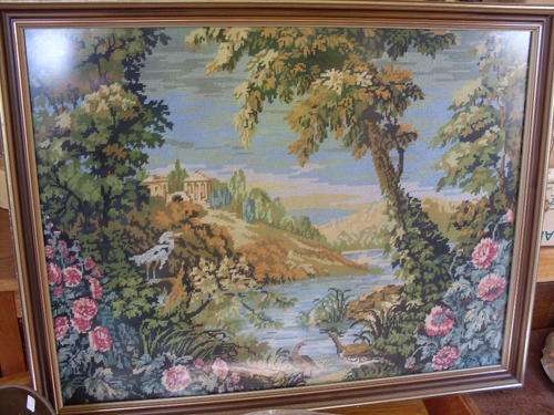 STUNNING & LARGE FRAMED TAPESTRY OF ROMANTIC ITALIAN?? SCENE LAKE , CASTLE/MANSION FLORAL ETC WOW!!!