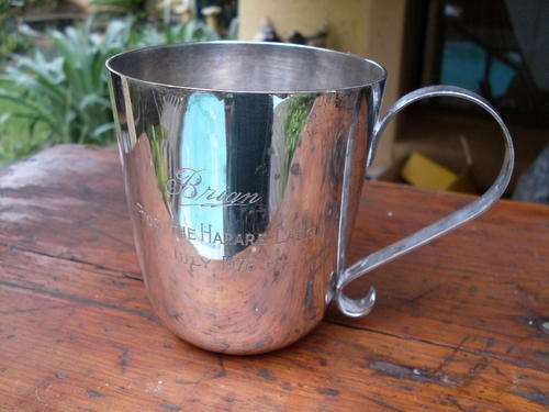 VINTAGE SILVER PLATED BEER MUG/TANKARD. ENGRAVED BRIAN FROM THE HARARE LADS JULY 1978
